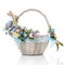 Beautiful floral arrangement on a little baby wicker basket. Floral concept. Easter Basket. Spring colors