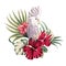 Beautiful floral exotic vector illustration with parrot cockatoo, tropical leaves, hibiscus.