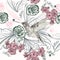 Beautiful floral pattern with hummingbird and rose flowers