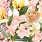 Beautiful floral seamless pattern with hydrangea and yellow, creamy flowers, herbs and leaves.
