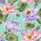 Beautiful floral seamless pattern. Large pink and purple lotus flowers with leaves on turquoise background.