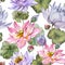 Beautiful floral seamless pattern. Large pink and purple lotus flowers with leaves on white background. Hand drawn illustration.