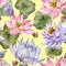 Beautiful floral seamless pattern. Large pink and purple lotus flowers with leaves on yellow background. Hand drawn illustration.