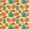 Beautiful floral seamless pattern of myrtle green, liver organ, fulvous, bronze color lotus flower, lotus bud and leaf .