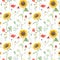 Beautiful floral seamless pattern with watercolor hand drawn field wild sunflower poppy flowers. Stock illustration.
