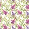 Beautiful floral spring seamless pattern with watercolor gentle lilac flowers. Stock illustration.