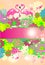 Beautiful floral summery banner with colorful flowers and pair of pink flamingo