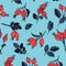 Beautiful floral viburnum red berries and navy leaves pattern. Watercolor holiday berry contrast textile. Floral natural
