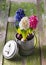 Beautiful floristic decoration with white blue, pink hyacinthine flowers in an old metal pot.