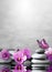 Beautiful flower, butterfly and stone zen spa on grey background