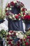 Beautiful flower decoration of the coffin, close-up. Funeral, farewell ceremony