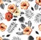 Beautiful flower pattern black and white tropical leaf and colorred hibiscus flower design