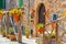 Beautiful flower pots, colorful flowers in spanish village Valldemossa, Mallorca