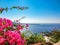 Beautiful flowered view over blue sea in Fira Santorini Greece