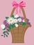 Beautiful flowers in a basket, pink bow, daisies