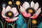 Beautiful flowers on a black background. Cute whimsical floral illustration. Generative AI