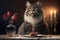 Beautiful fluffy cat on a date with candlelight. Romantic concept. Generative AI