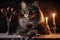 Beautiful fluffy cat on a date with candlelight. Romantic concept. Generative AI
