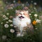 Beautiful fluffy cat in a field of flowers. Portrait.