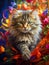 Beautiful fluffy cat surrounded with red blue yellow ribbons walking and posing