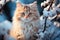 Beautiful fluffy cat walks in the snow in winter