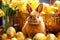 Beautiful fluffy cute Easter bunny sitting on golden eggs, expectations of success