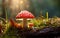 beautiful fly agaric mushrooms with drops of water after rain in a forest clearing.