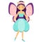 Beautiful flying fairy character with pink wings and purple hair. Fantasy elf princess with flower wreath. Winged girl in cartoon