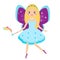 Beautiful flying fairy character with violet wings. Elf princess with magic wand. Cartoon style