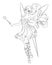 Beautiful flying fairy with magic wand. Line art coloring page vector illustration.