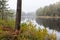 Beautiful fog clad natural lake surrounded by trees and forest in hilly landscape