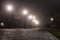 Beautiful foggy evening in the autumn alley with burning lanterns. Footpath in city park at night in fog with streetlights