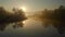 Beautiful foggy lake aerial scene in autumn with orange and yellow foliage