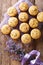 Beautiful food dessert: muffins with lavender flowers close-up.