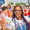 Beautiful football cheerleader smiling at the World Cup