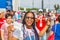 Beautiful football cheerleader smiling at the World Cup