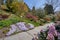 Beautiful footpath in a garden with various flowers in the European Flower Island of Mainau in Germany