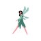 Beautiful Forest Fairy or Nymph with Wings, Pretty Brunette Girl in Green Dress Vector Illustration