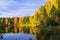 Beautiful forest lake old quarry on a clear autumn day