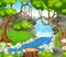 Beautiful Forest View With Trees, Flower, And River Cartoon
