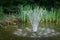 Beautiful fountain in garden pond against background of emerald green of shady summer garden