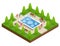 Beautiful fountain in the park. A zone of rest and relaxation. Children play near the fountain. Flat vector isometric on