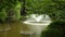 Beautiful fountain shakes water from lake in botanical garden,