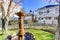 Beautiful fountain statue in backyard garden