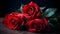 Beautiful four red rose flower stack together with some leaves and water droplet looks fresh laying on the studio set black