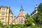 Beautiful Franciscan Monastery in Plzen, Czech Republic photographed from the park in Krizikovy sady. Medieval architecture,