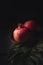 Beautiful fresh red pomegranates and a tropical leaf with a dark background.Beautiful ripe pomegranates and ready to eat.