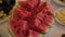 Beautiful fresh sliced watermelon on a banquet table.