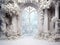 beautiful frozen Garden background for photo manipulation , empty , white flowers , big windows, in the middle room for copy ,