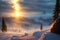 Beautiful frozen winter landscape with blizzard fog at sunset, AI generated